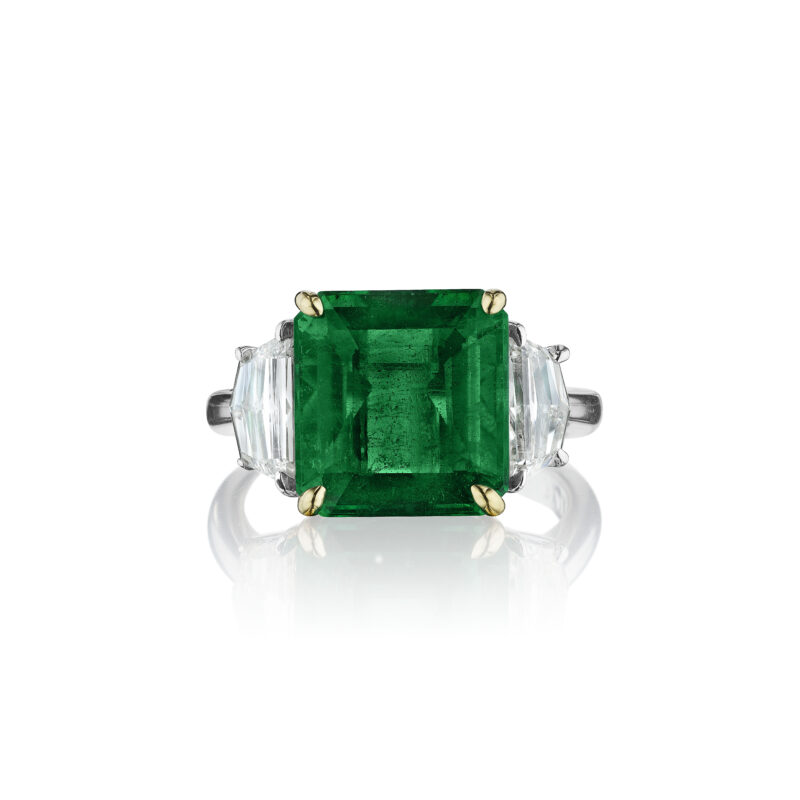 Emerald Cut Zambian Emerald & Cadillac Diamond Ring
