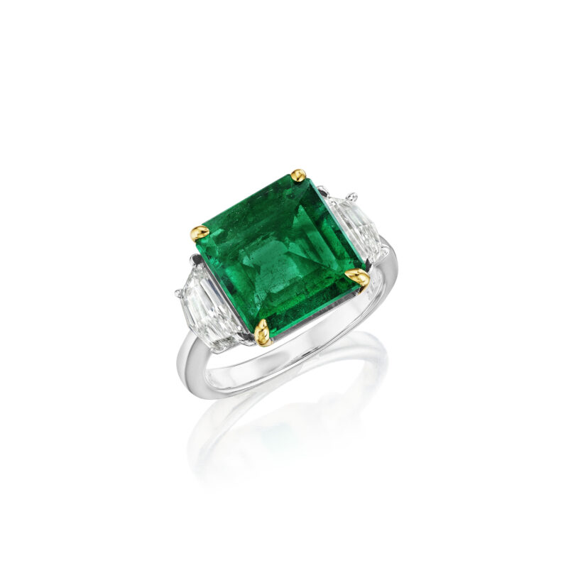 Emerald Cut Zambian Emerald & Cadillac Diamond Ring
