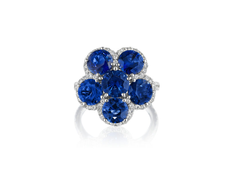 Round Sapphire & Diamond Flower Cocktail Ring