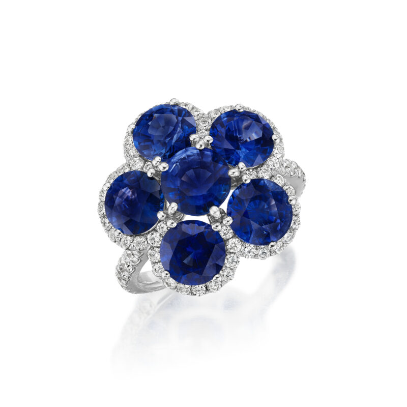 Round Sapphire & Diamond Flower Cocktail Ring