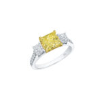 S#1234C- Perfect Twogether® 3 Stone Fancy Yellow Princess Cut Diamond Ring with Pave Shank