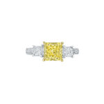 S#1234C- Perfect Twogether® 3 Stone Fancy Yellow Princess Cut Diamond Ring with Pave Shank