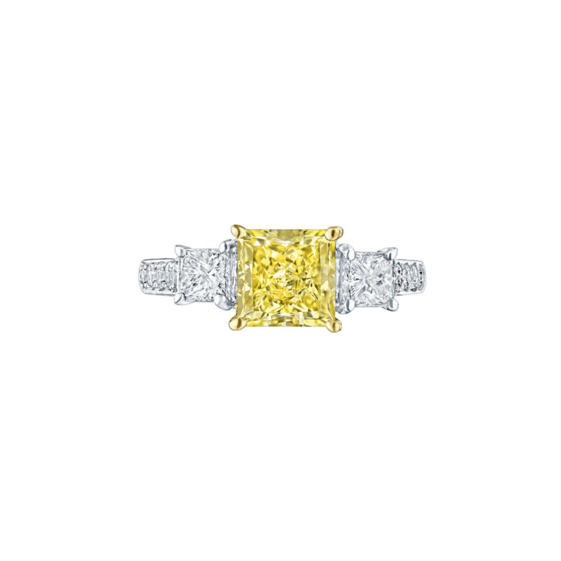 S#1234C- Perfect Twogether® 3 Stone Fancy Yellow Princess Cut Diamond Ring with Pave Shank