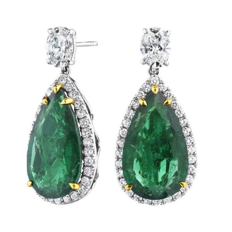 Pear Shape Emerald & Diamond Halo Earrings