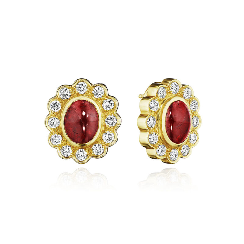 5.95ctw Cabochon Oval Ruby & Round Diamond Bezel Earrings in 18KT Yellow Gold