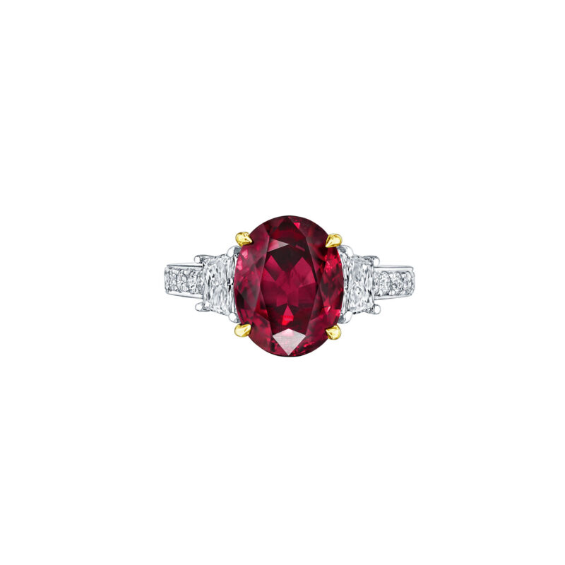S#1277B - Perfect Twogether® 3 Stone Trapezoid Cut Diamond Ring with Pavé Shank and Oval Ruby Center