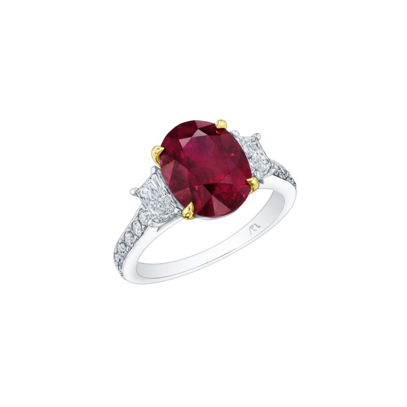 S#1277B - Perfect Twogether® 3 Stone Trapezoid Cut Diamond Ring with Pavé Shank and Oval Ruby Center