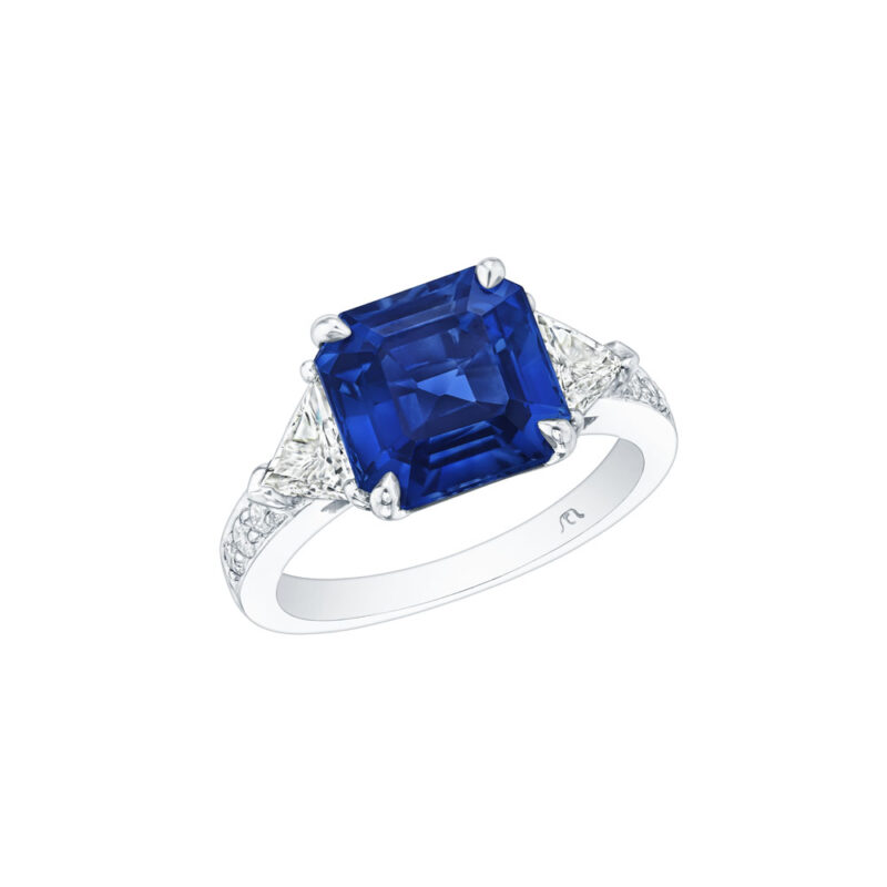 HM#8032 - Emerald Cut Sapphire & Trillion Diamond Ring