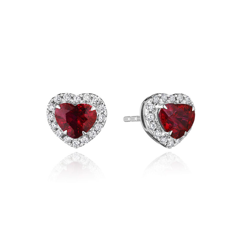 2.84ctw Heart Shape Ruby & Round Diamond Halo Earrings in 18KT Gold