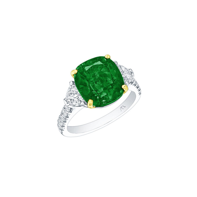 HM#6006 - Cushion Cut Emerald & Half Moon Diamond Ring