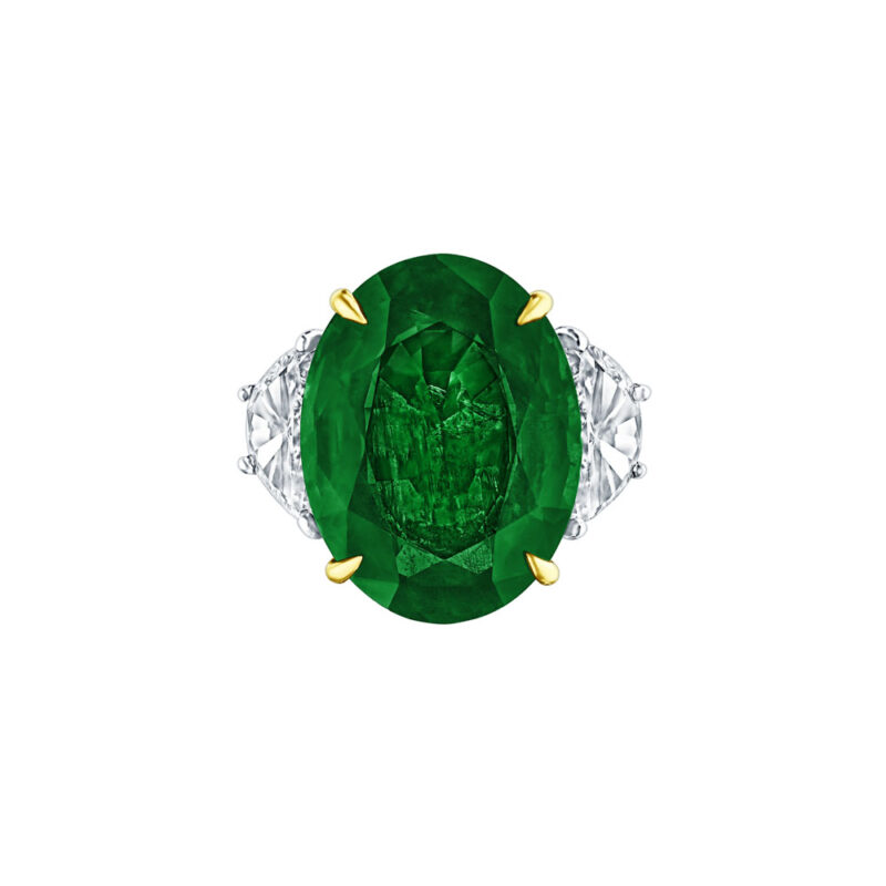 HM#6006 – Oval Emerald & Half Moon Diamond Ring