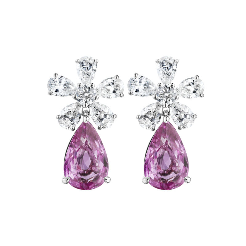 Pink Sapphire & Diamond Flower Earrings