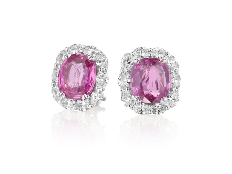 Cushion Cut Pink Sapphire & Oval Diamond Earrings