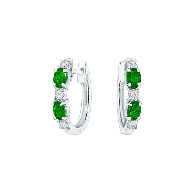 Oval Emerald & Round Diamond Huggies