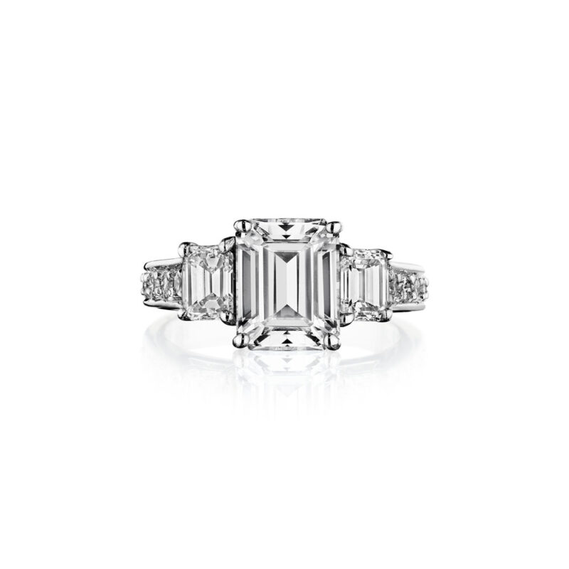 Perfect Twogether® 3 Stone Emerald Cut Diamond Ring with Pavé Shank