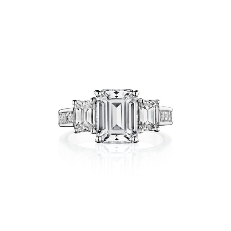 Perfect Twogether® 3 Stone Emerald Cut Diamond Ring with Channel Shank