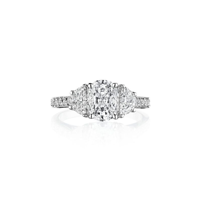 Perfect Twogether® 3 Stone Half Moon Cut Diamond Ring with Pavé Shank