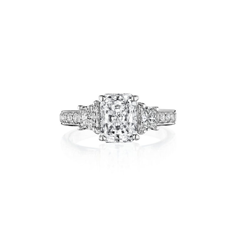 Perfect Twogether® 3 Stone Trapezoid Cut Diamond Ring with Pavé Shank