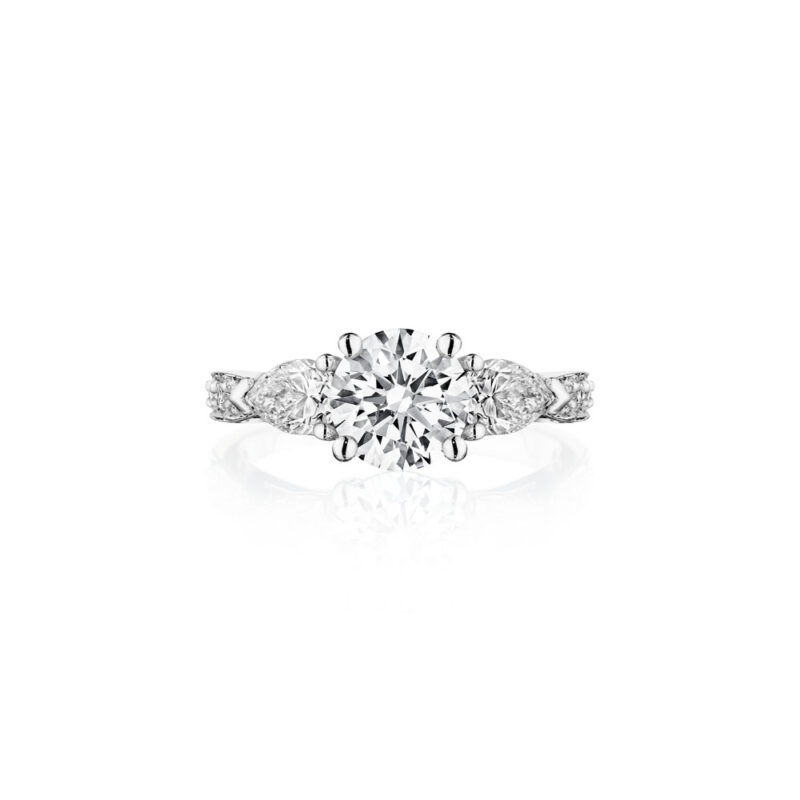 Perfect Twogether® 3 Stone Pear Shape Diamond Ring with Pavé Shank