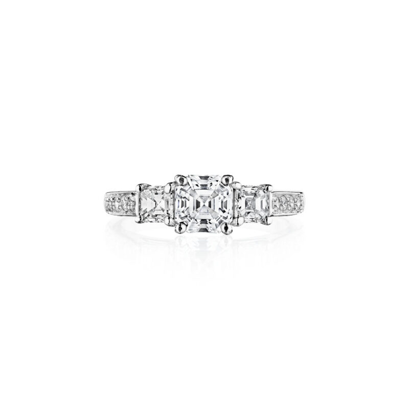 Perfect Twogether® 3 Stone Asscher Cut Diamond Ring with Pavé Shank