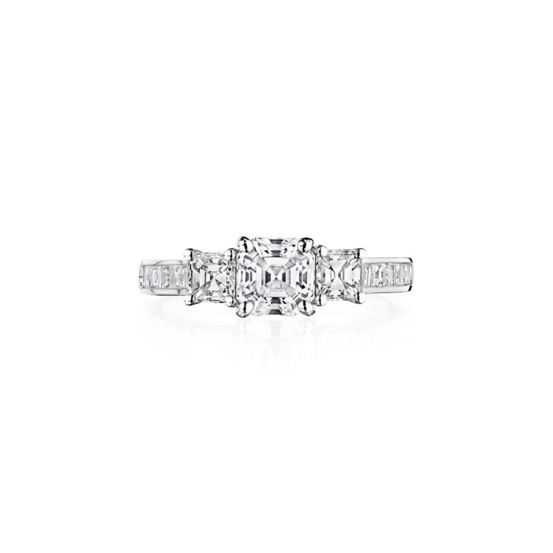 Perfect Twogether® 3 Stone Asscher Cut Diamond Ring with Channel Set Shank