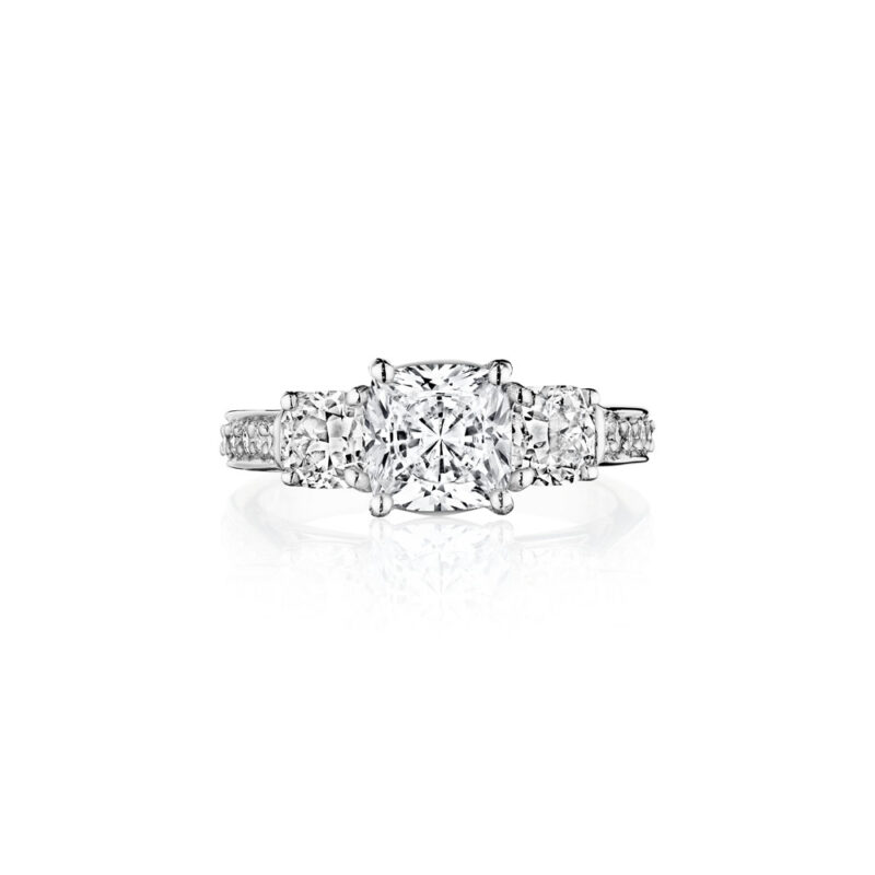 Perfect Twogether® 3 Stone Cushion Cut Diamond Ring with Pavé Shank
