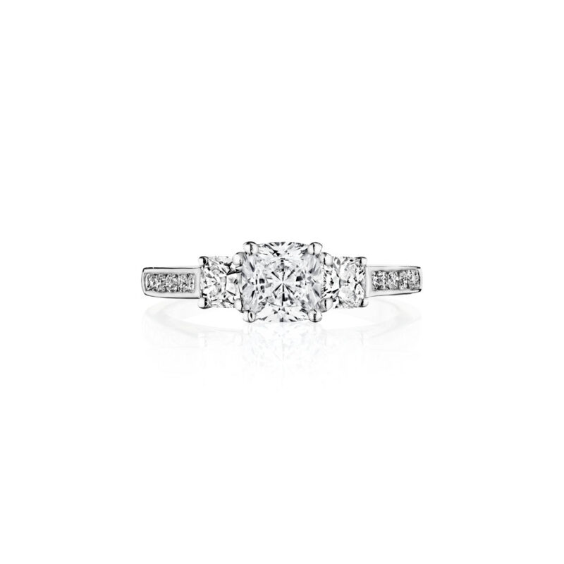 Perfect Twogether® 3 Stone Cushion Cut Diamond Ring with Channel Set Shank